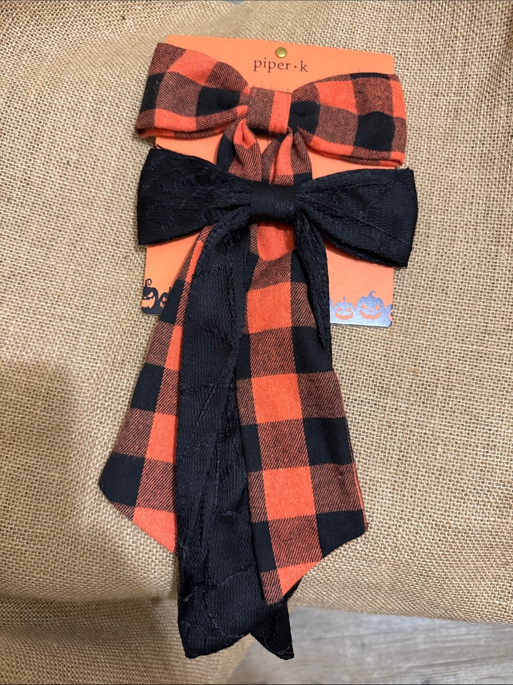 Piper Black & Orange Buffalo Plaid and Solid Black Bow Clip Set